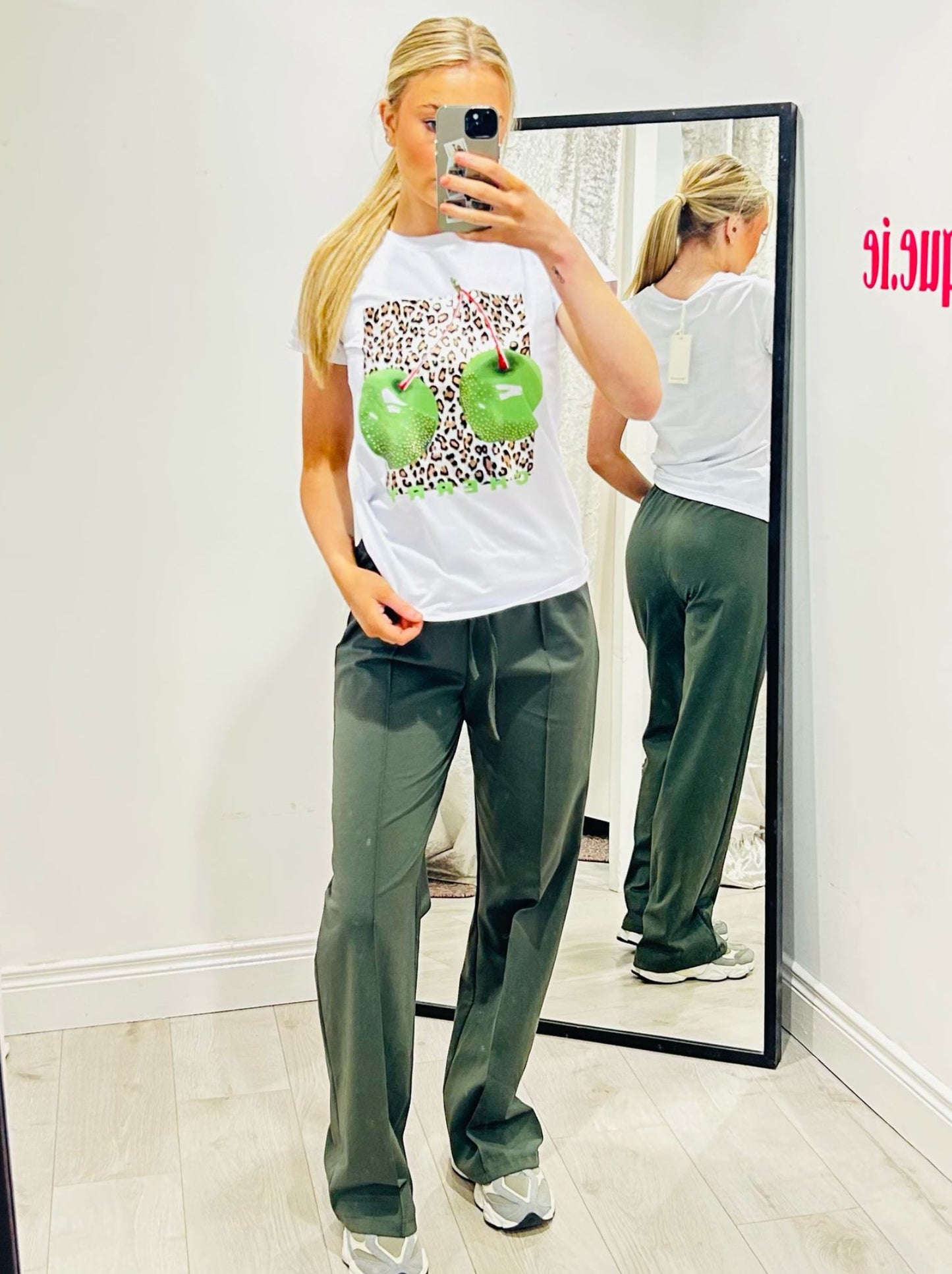 White T-Shirt Green Cherries & Leopard Print