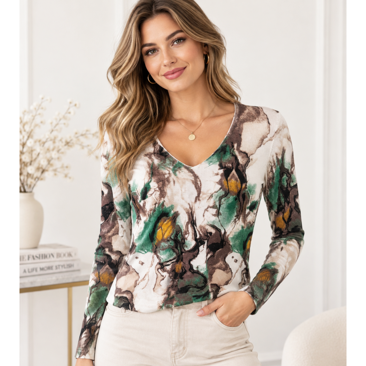 Multicoloured Fine Knit V Neck Jumper