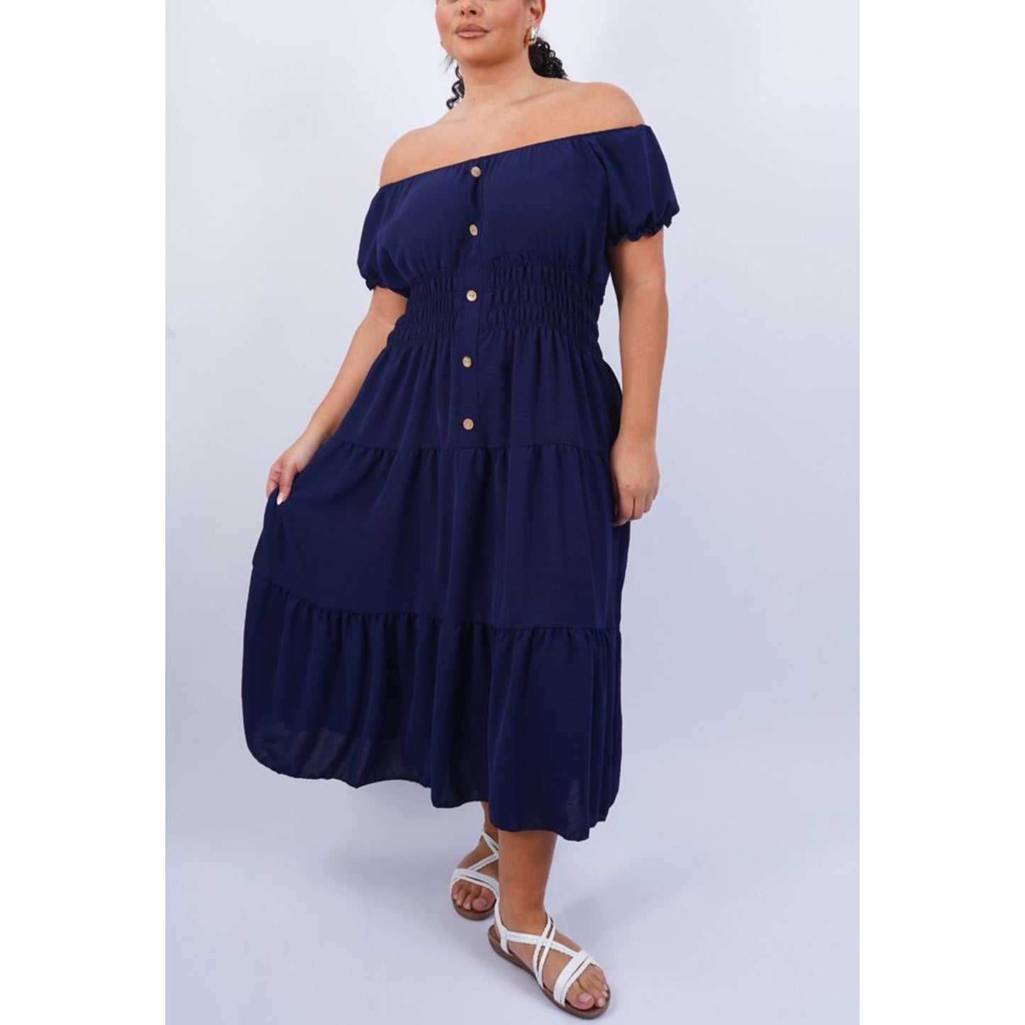 Navy Elasticated Midi Dress One Size