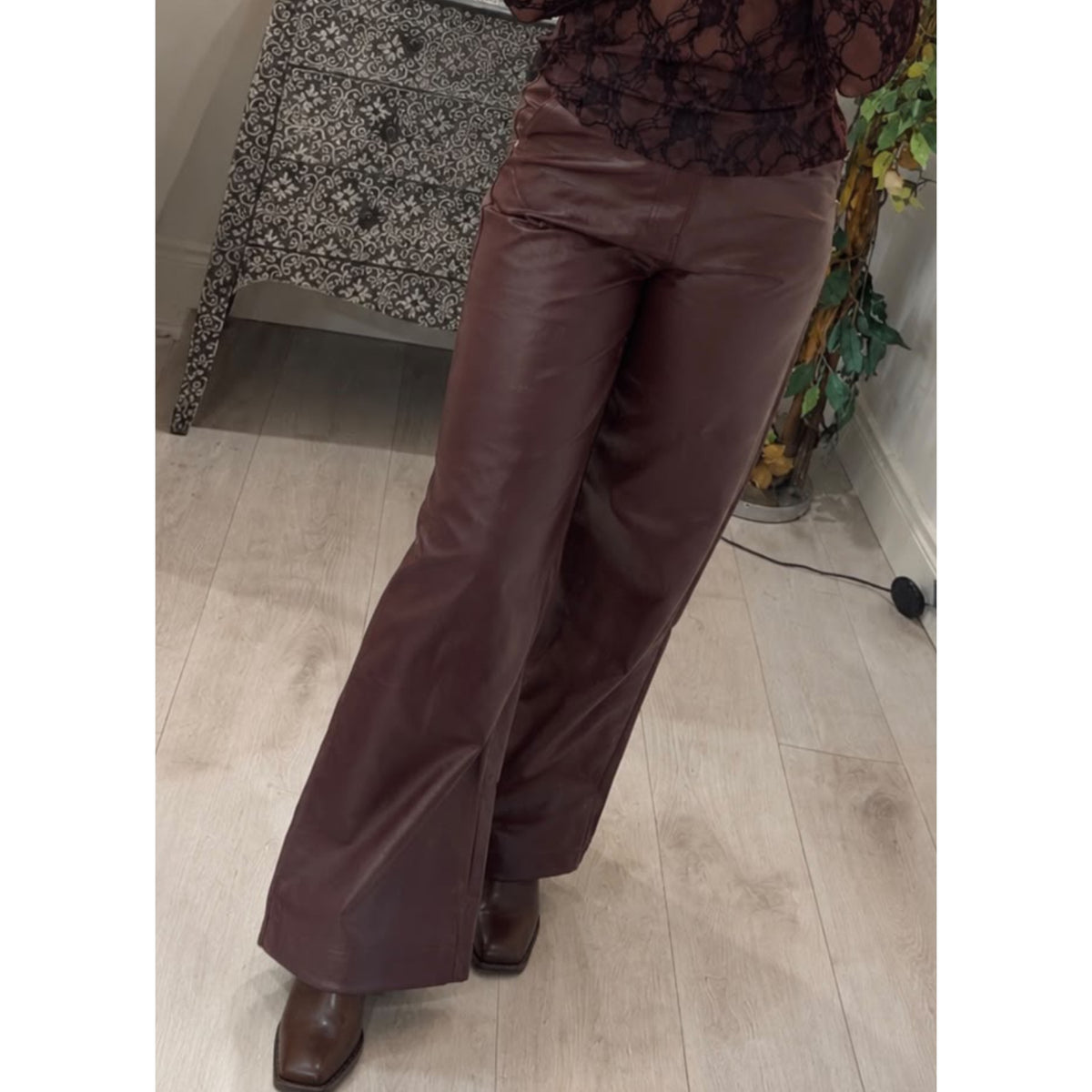 Wine Leatherette Straight Leg Trousers