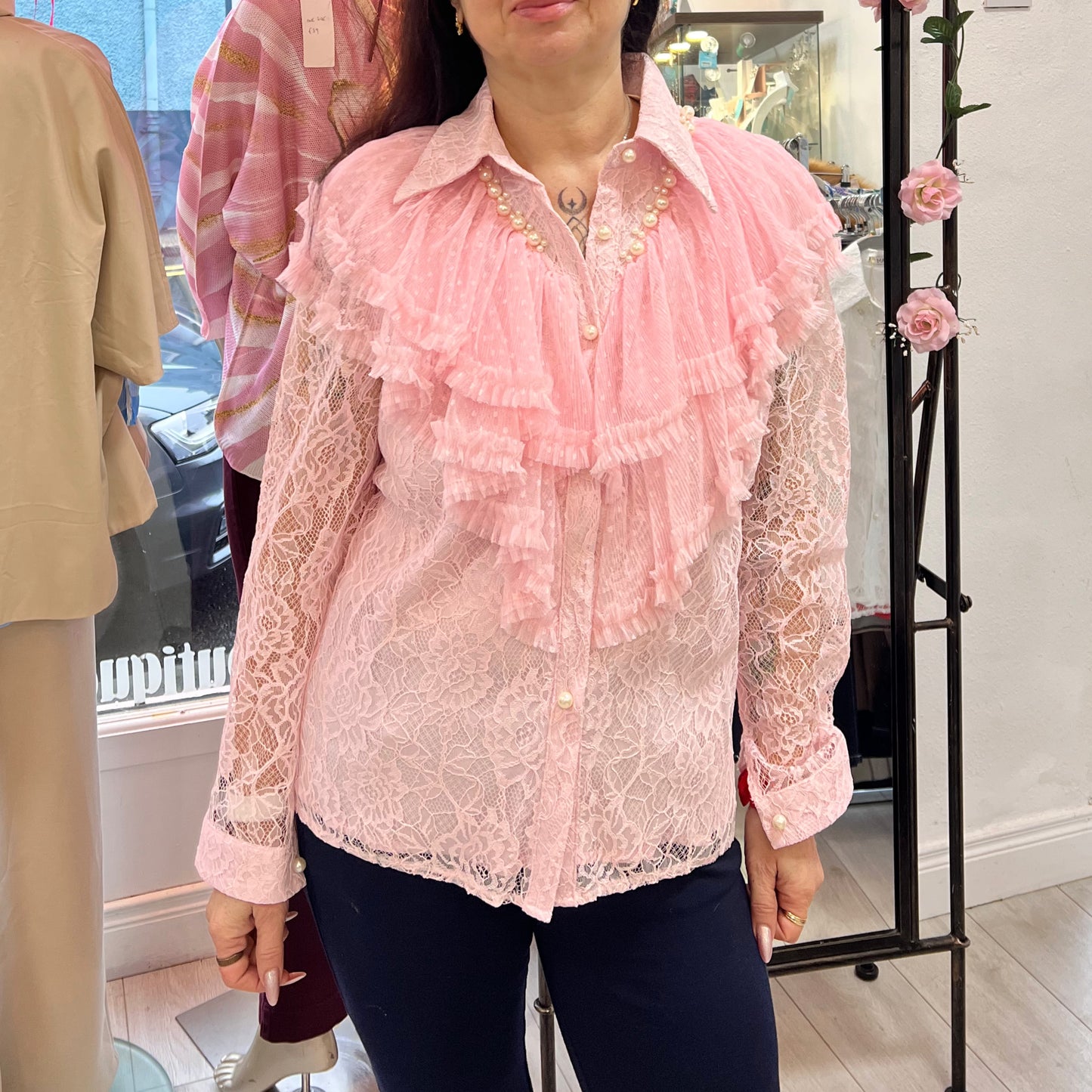 Grace Pink Lace & Pearl Blouse