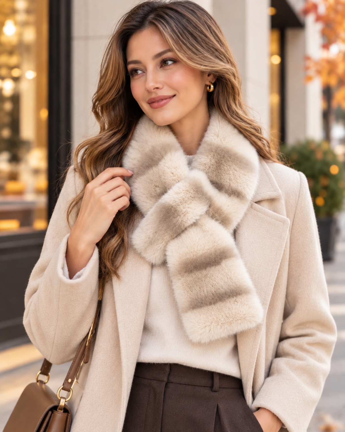 Beige Two Tone Faux Fur Neck Scarf