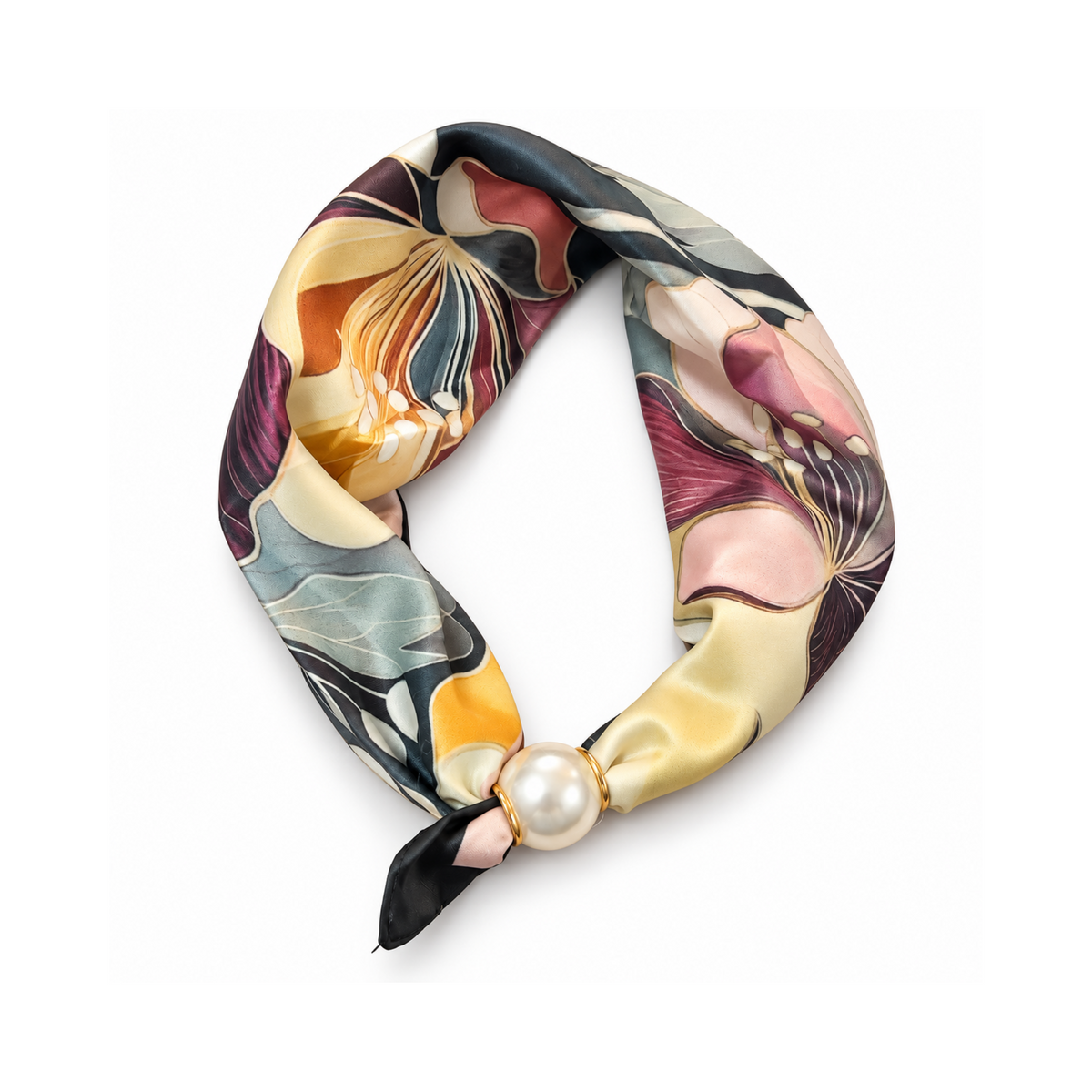 Magnetic Neck Scarf Grey Plum Floral Pearl Fastener