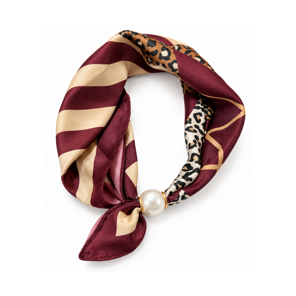 Magnetic Neck Scarf Wine Leopard Pearl Fastener
