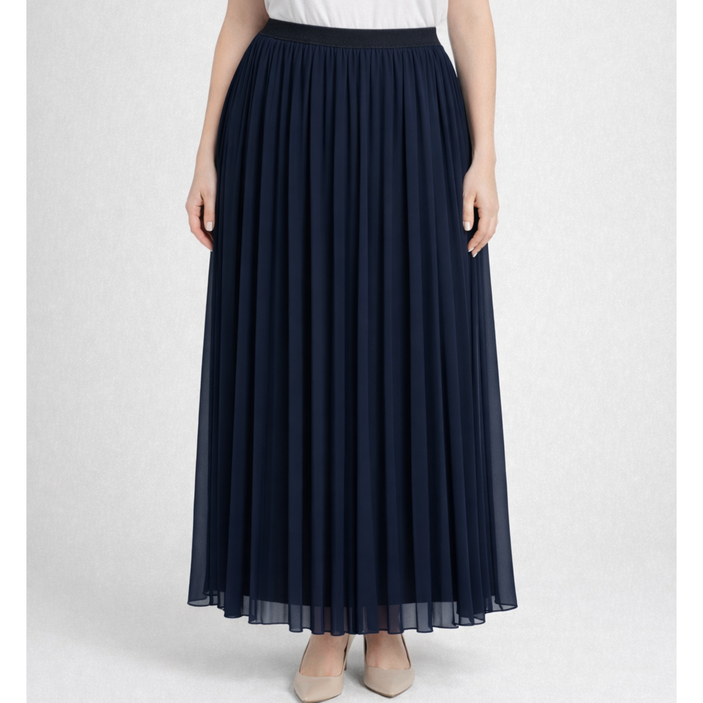 Navy Elasticated Pleated Maxi Skirt One Size