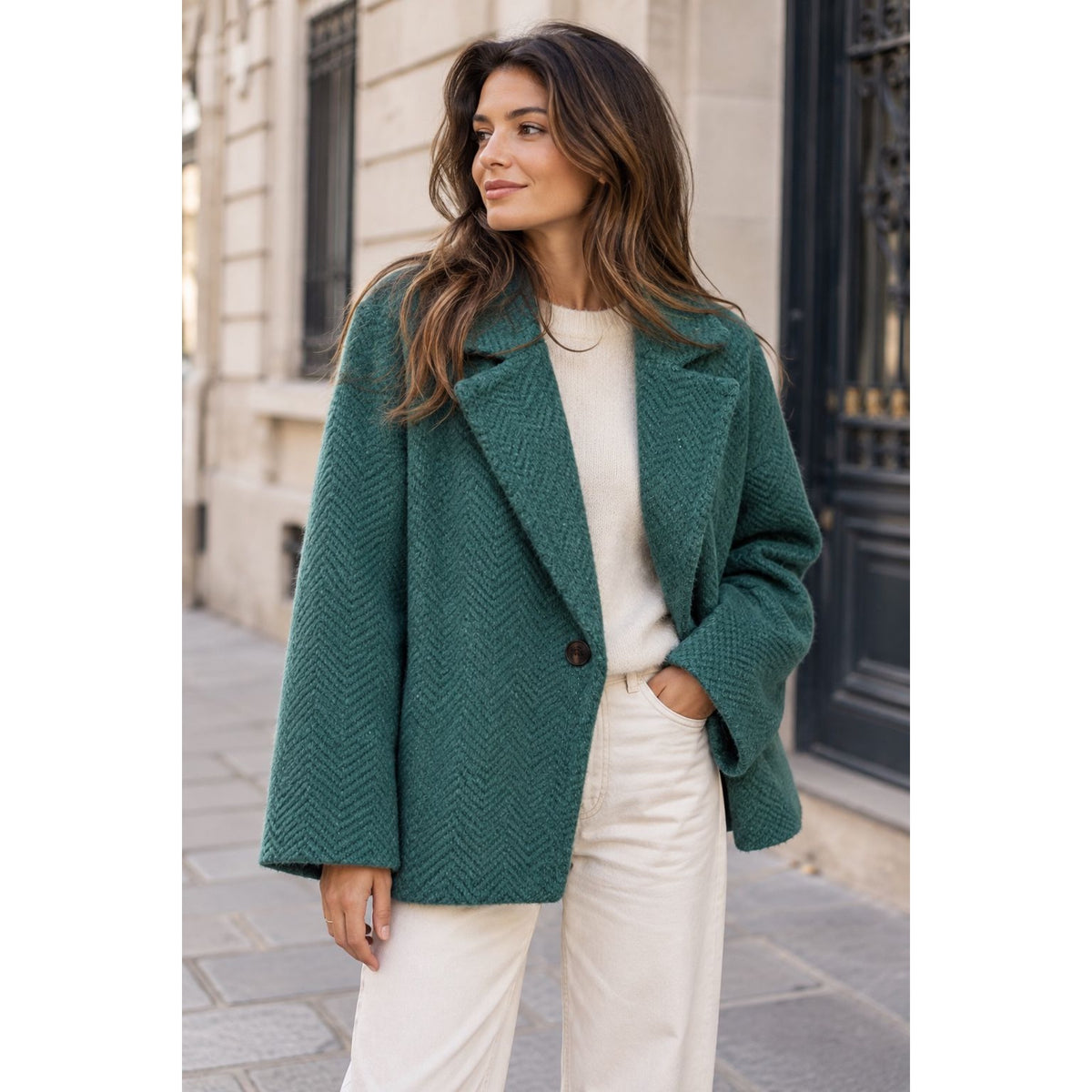 Teal Herringbone Short Jacket (PRE-ORDER)