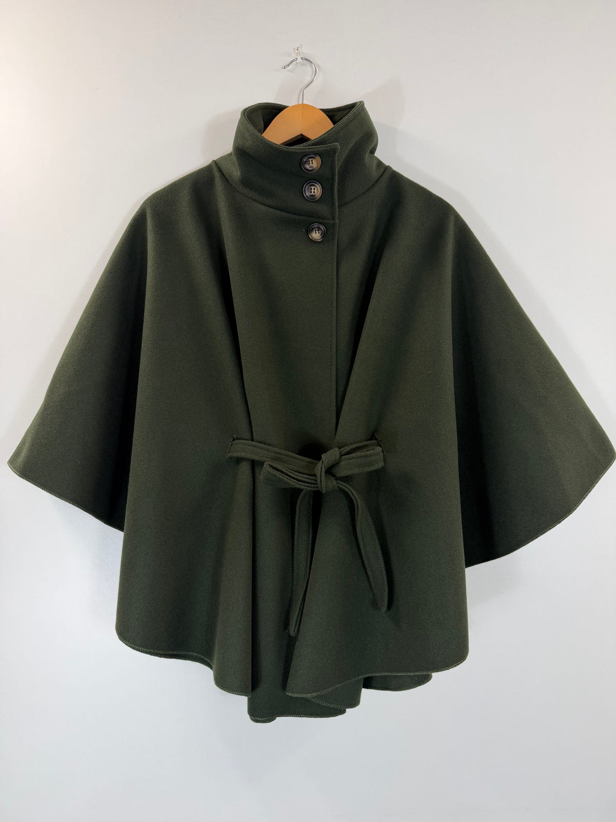 Green Belted Cape Buttoned Neck