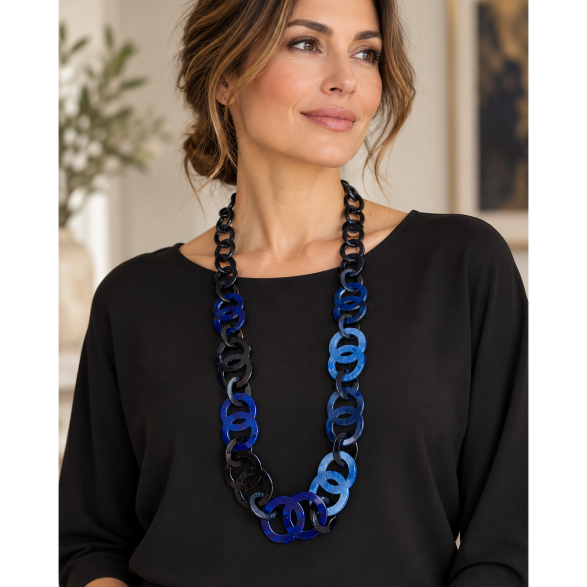 Blue & Black Circles Link Long Resin Necklace