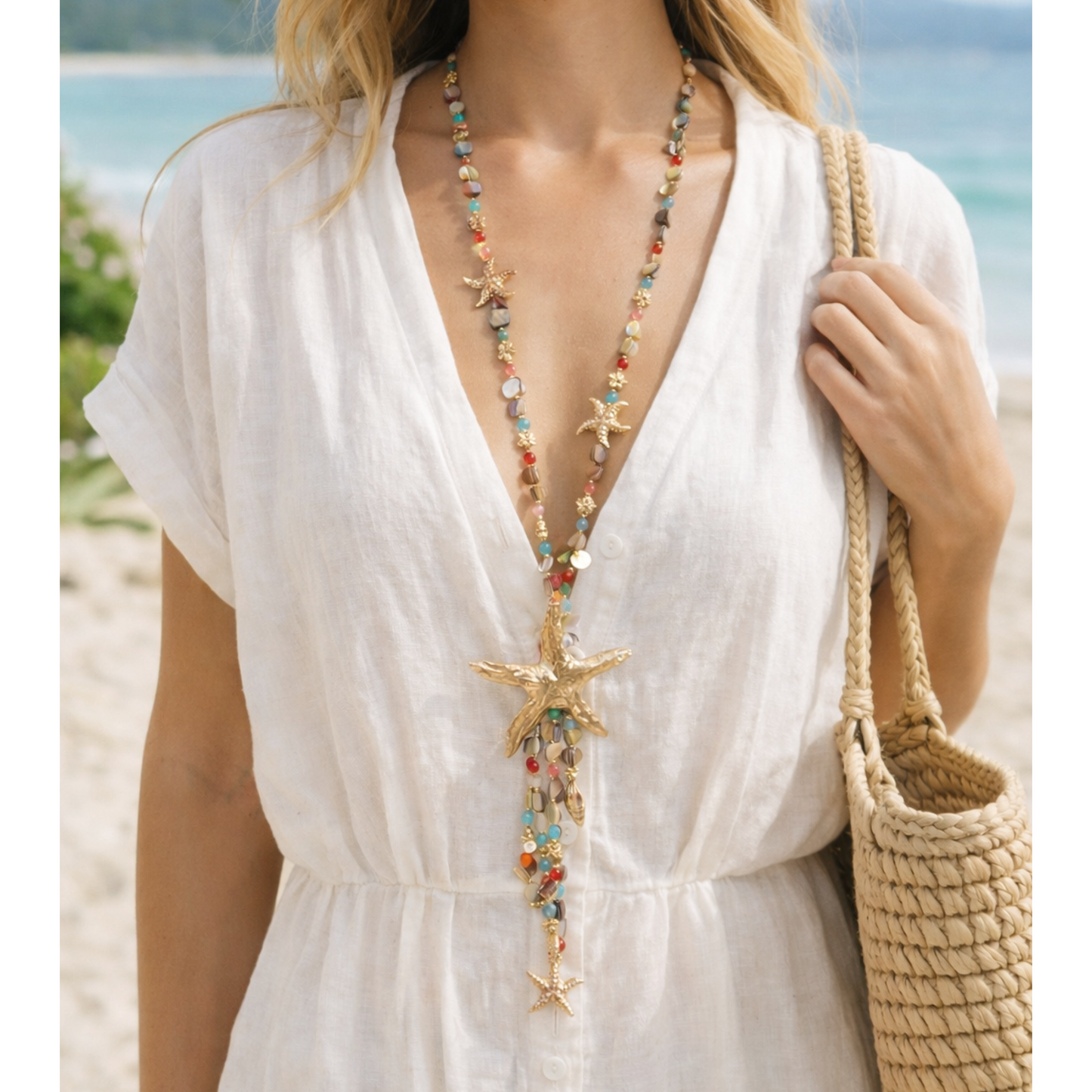 Golden Starfish Multicoloured Bead Necklace