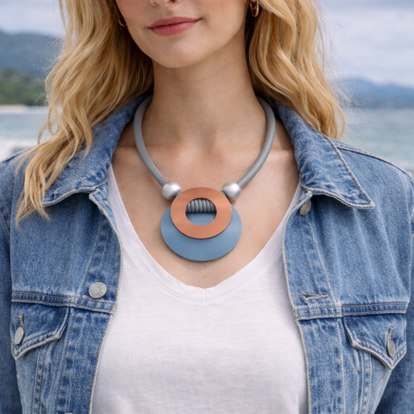 Scandi Blue & Rust Geometric Statement Magnetic Necklace
