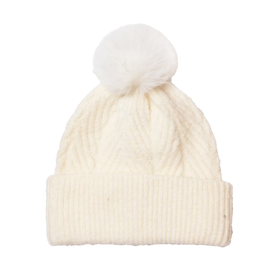 POM Cream Herringbone Bobble Knit Hat
