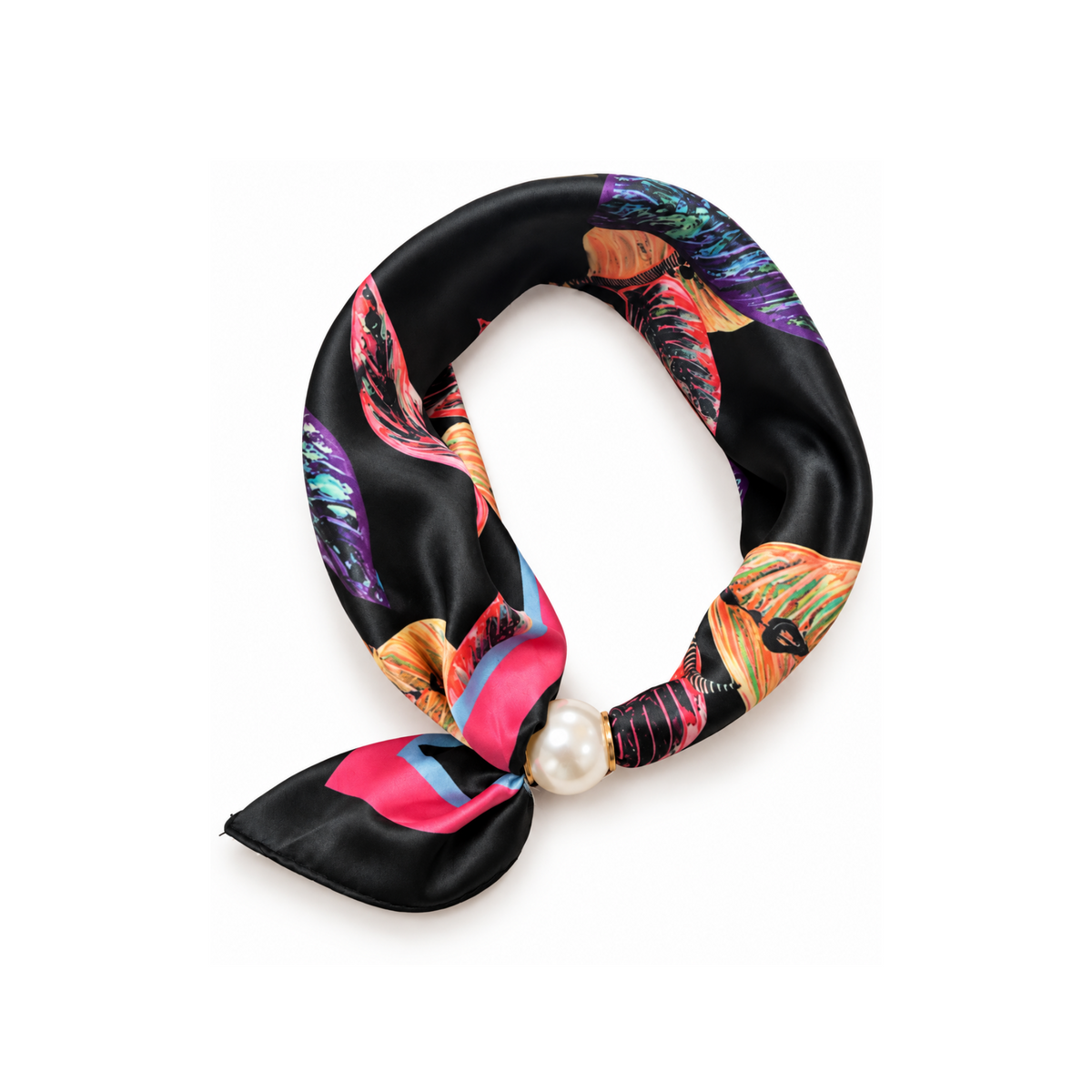 Magnetic Scarf Black/Leaf Design Pearl Fastener