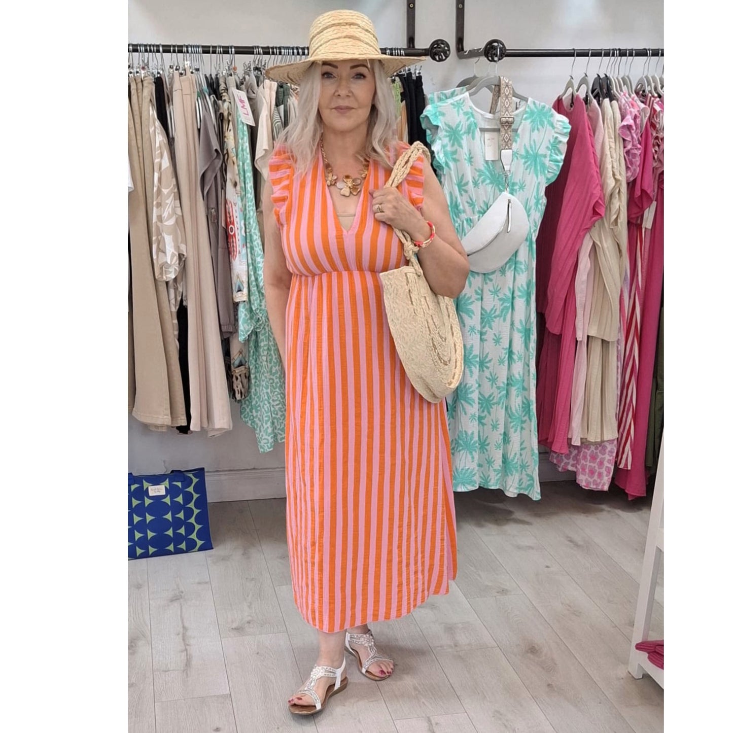 Carrie Striped Frill Shoulder Dress Orange/Pink