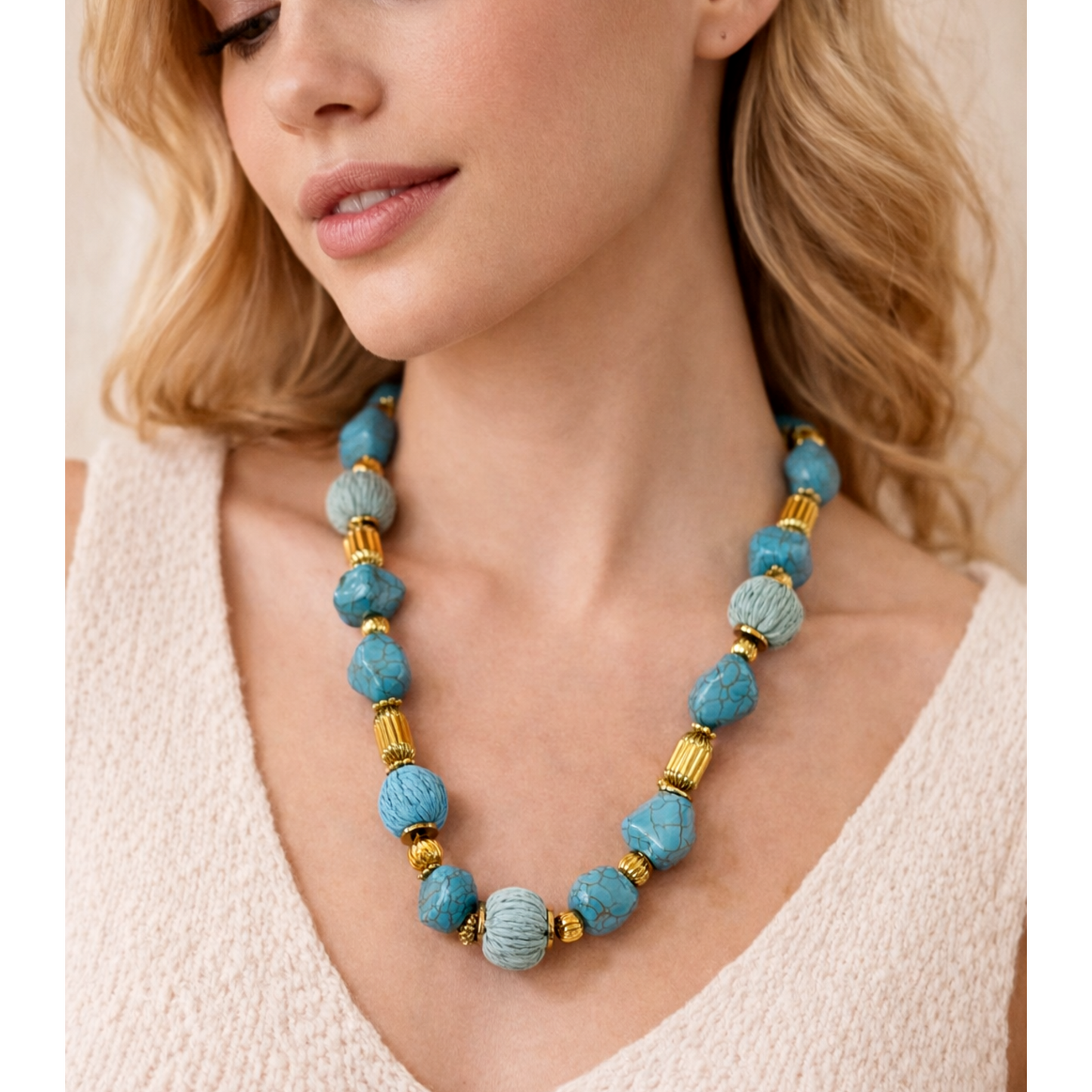 Turquoise Beaded Statement Necklace with Gold Stainless Steel Accents