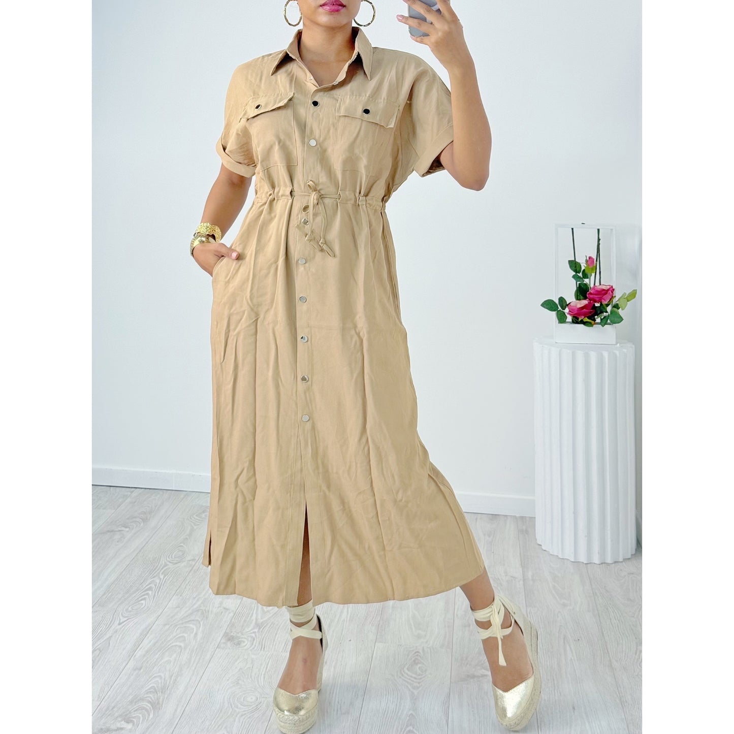 Hazel Camel Shirt Dress Drawstring Tie