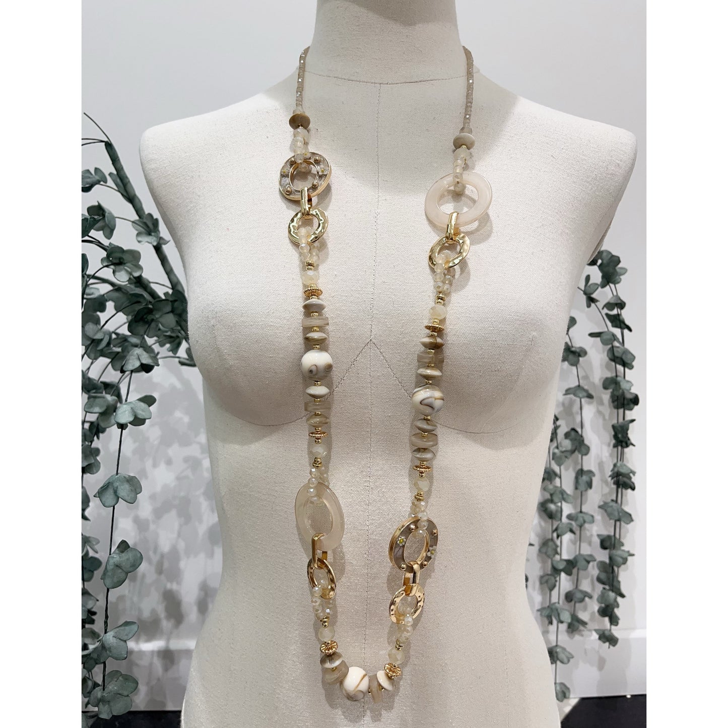 Beige & Gold Beaded Long Necklace