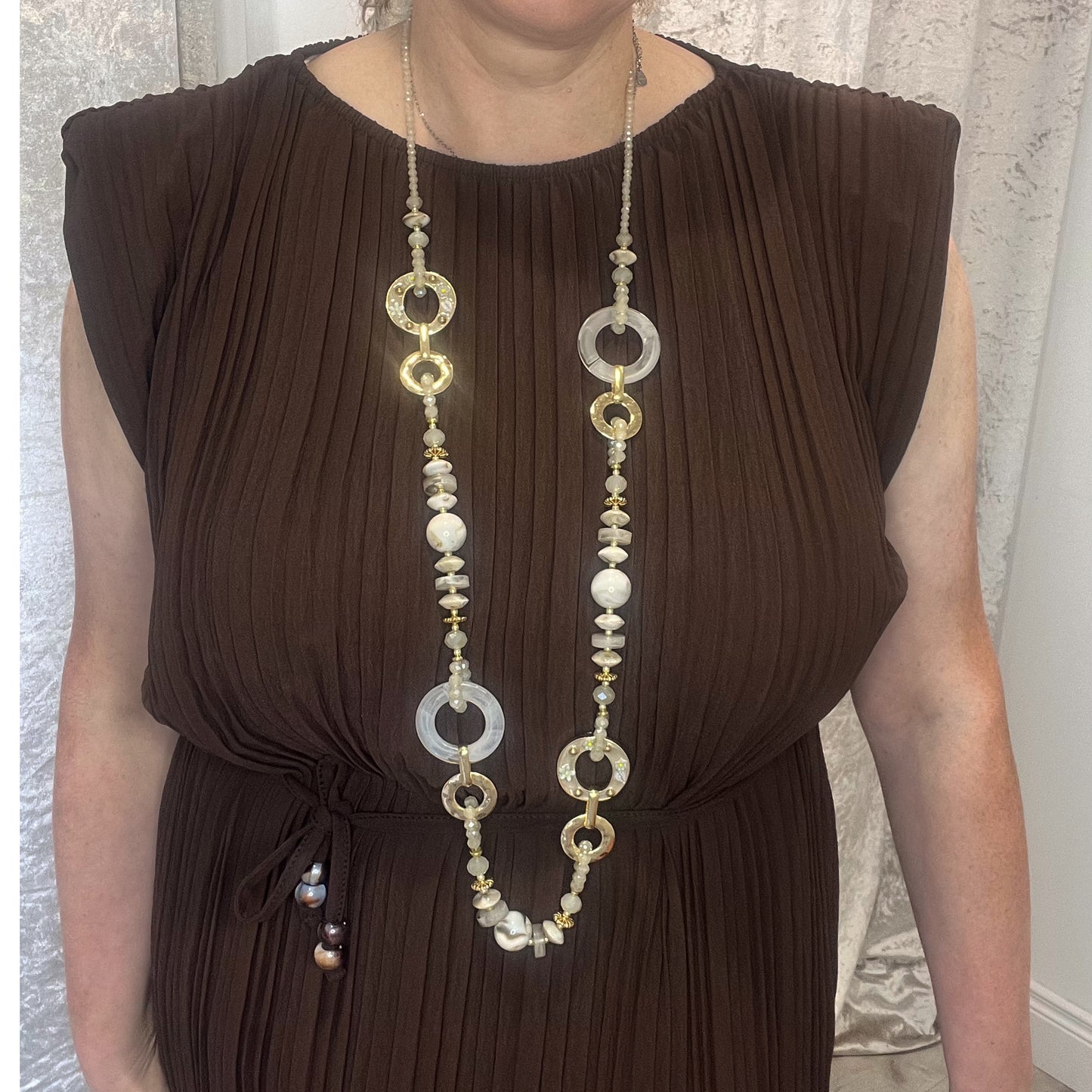Beige & Gold Beaded Long Necklace