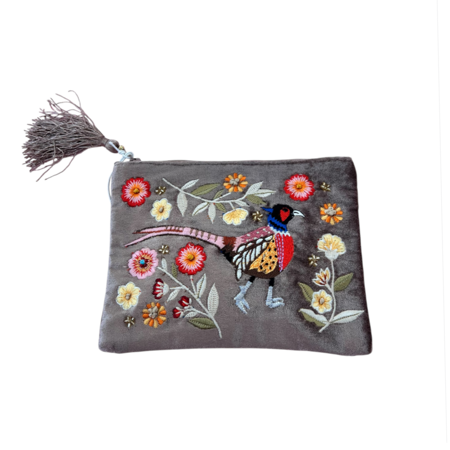 POM Taupe Embroidered Velvet Hand Purse Bird/Flowers