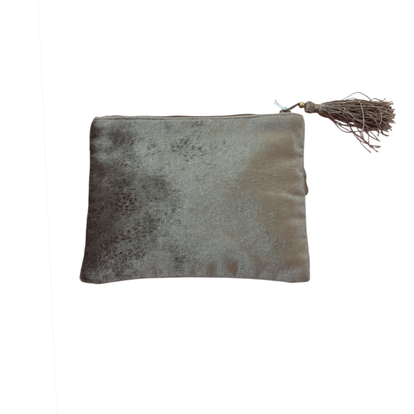 POM Taupe Embroidered Velvet Hand Purse Bird/Flowers