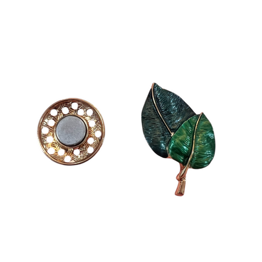 Magnetic Brooch Double Leaf Green & Gold