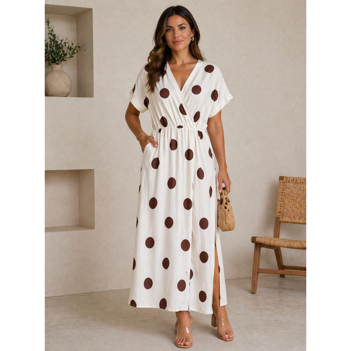 Cream & Brown Polka Dot Midi Dress One Size