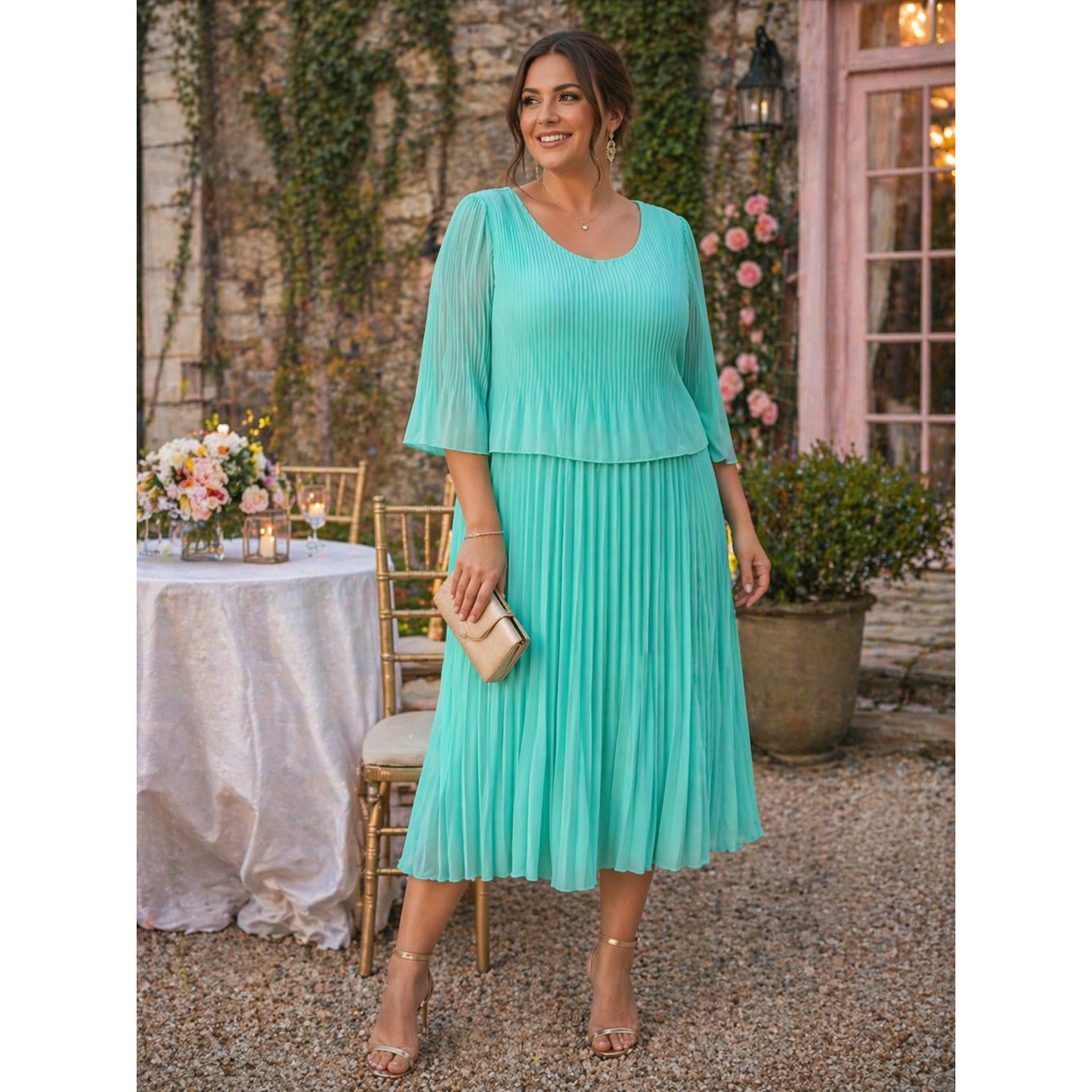Mint Green Pleated Midi Dress (Fits 8-16)