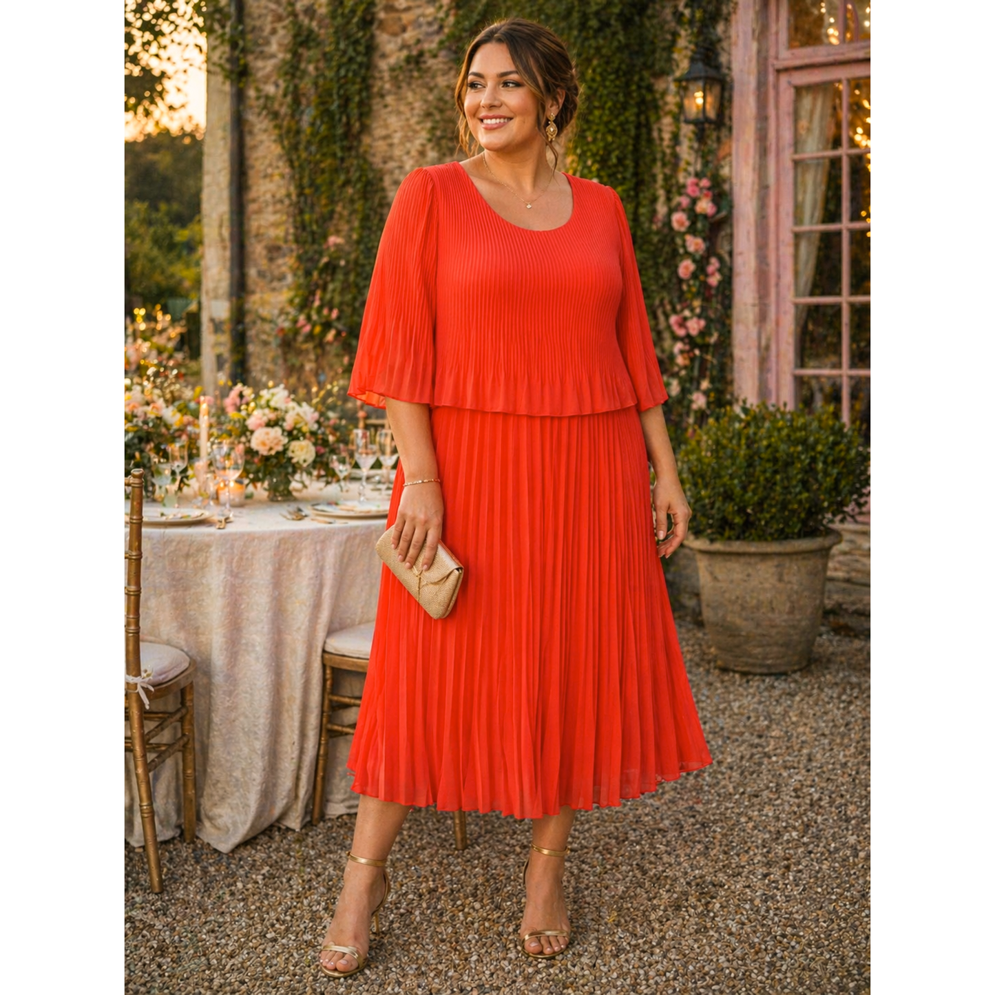 Orange Pleated Midi Dress (One Size)