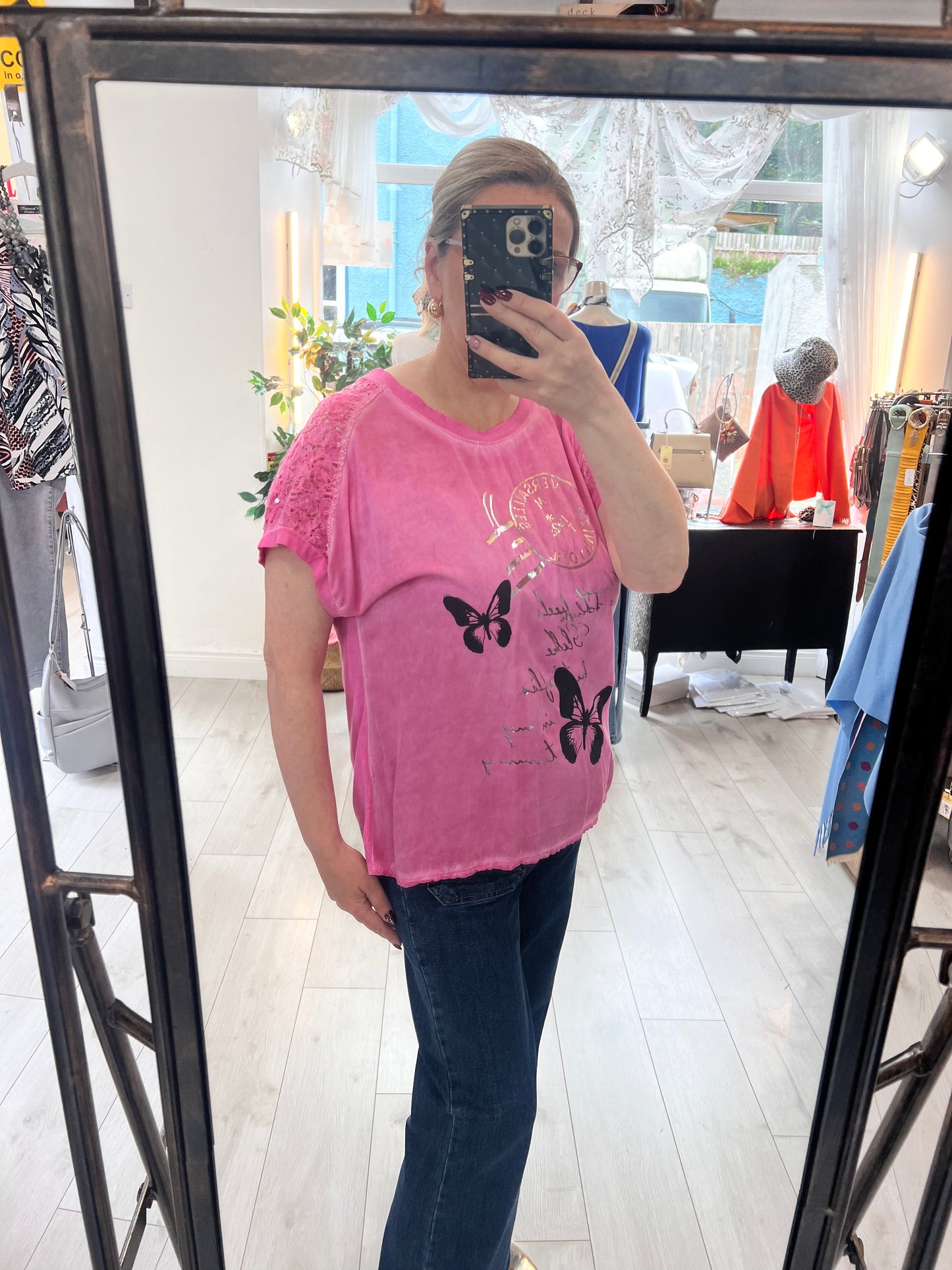 Pink Cotton T-Shirt Butterfly/Metallic