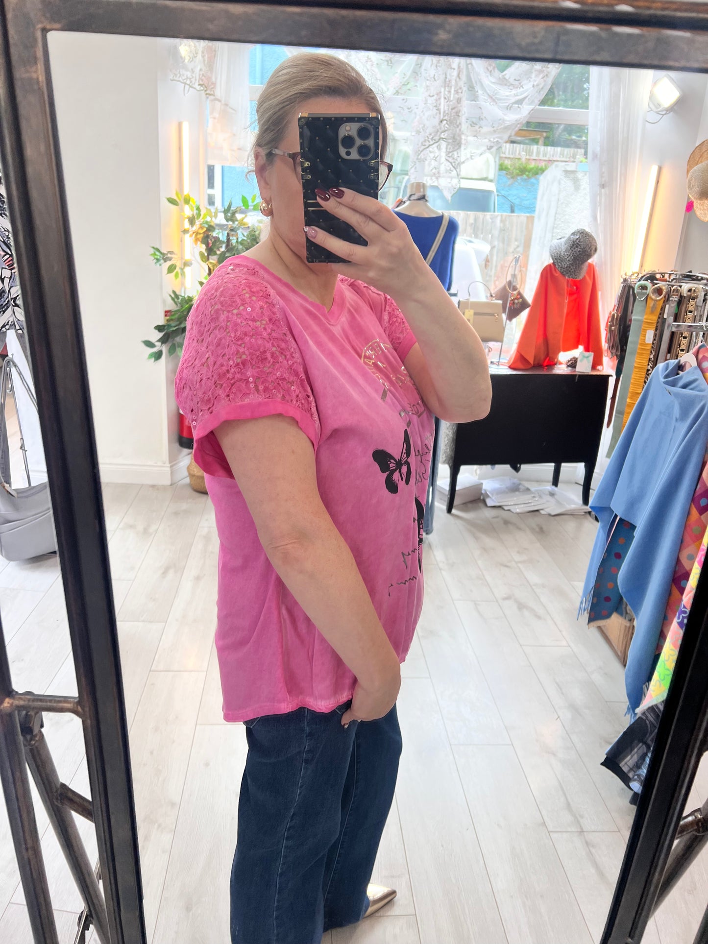 Pink Cotton T-Shirt Butterfly/Metallic