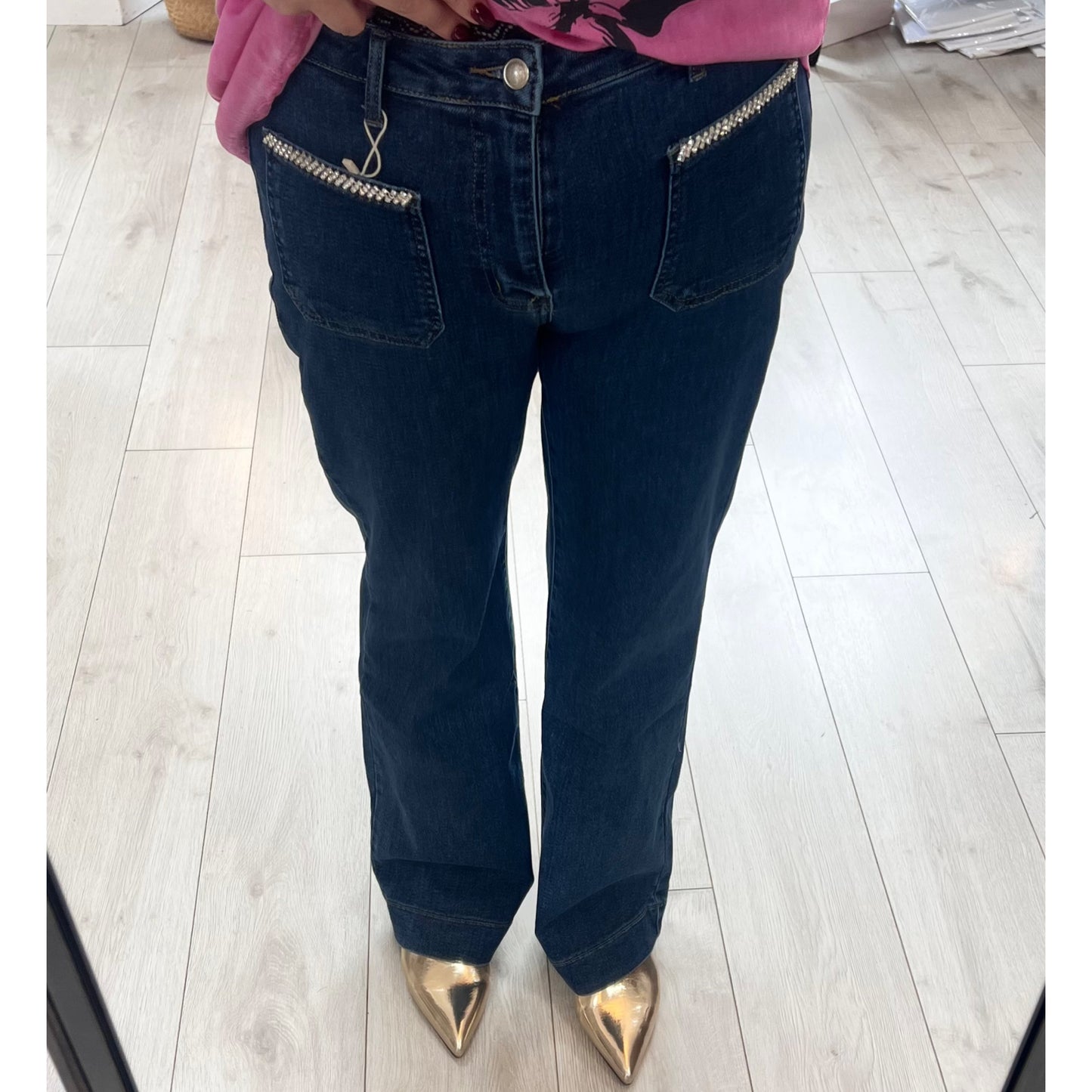 Blue Denim Straight Leg Jeans Jewel Pocket Detail