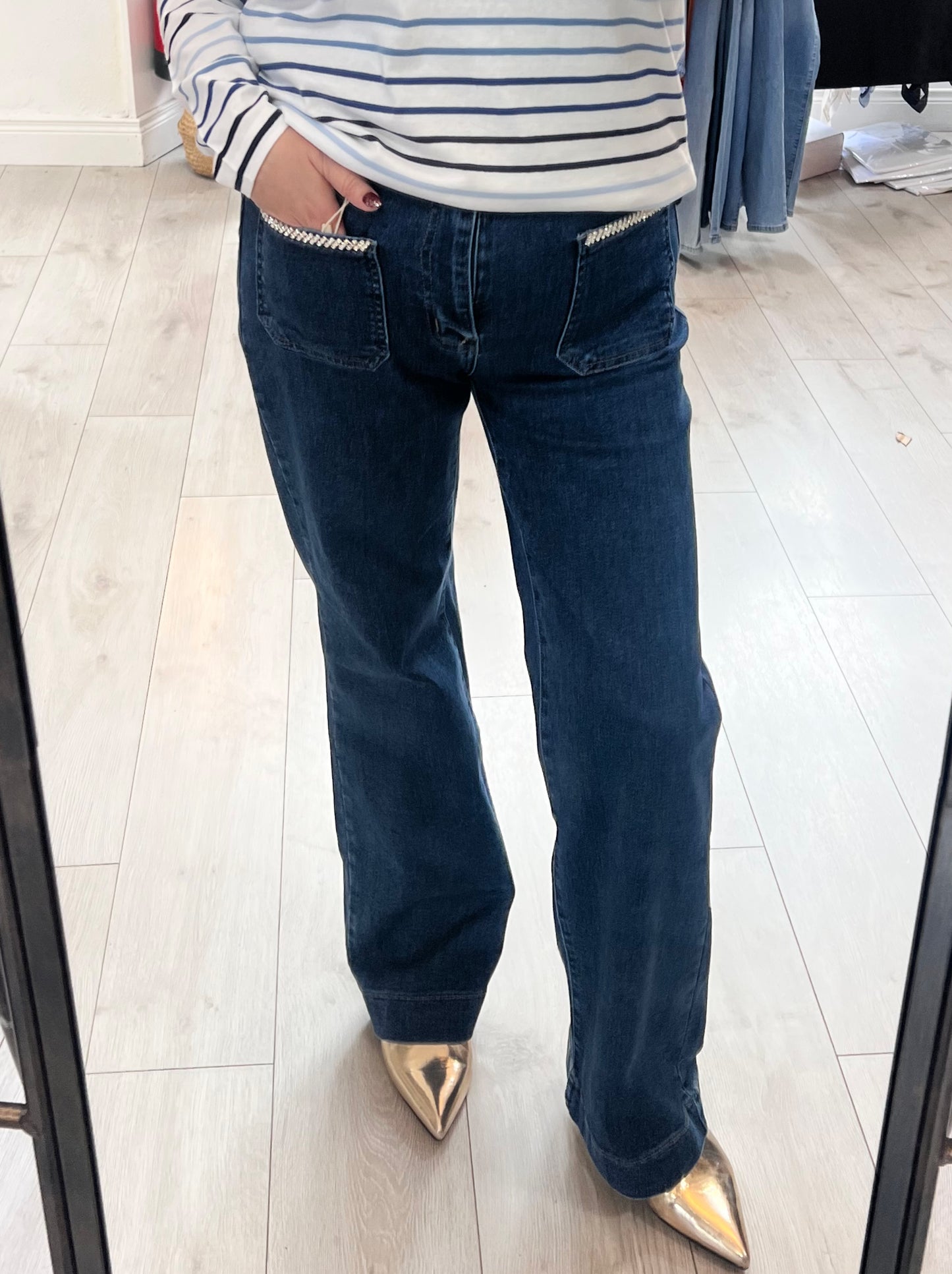 Blue Denim Straight Leg Jeans Jewel Pocket Detail