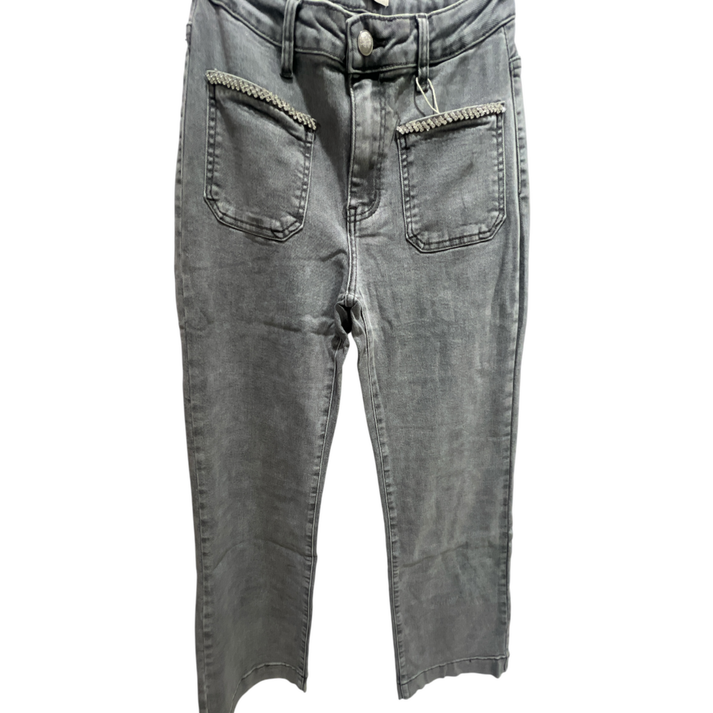 Grey Stretch Straight Leg Jeans Jewel Pocket Detail