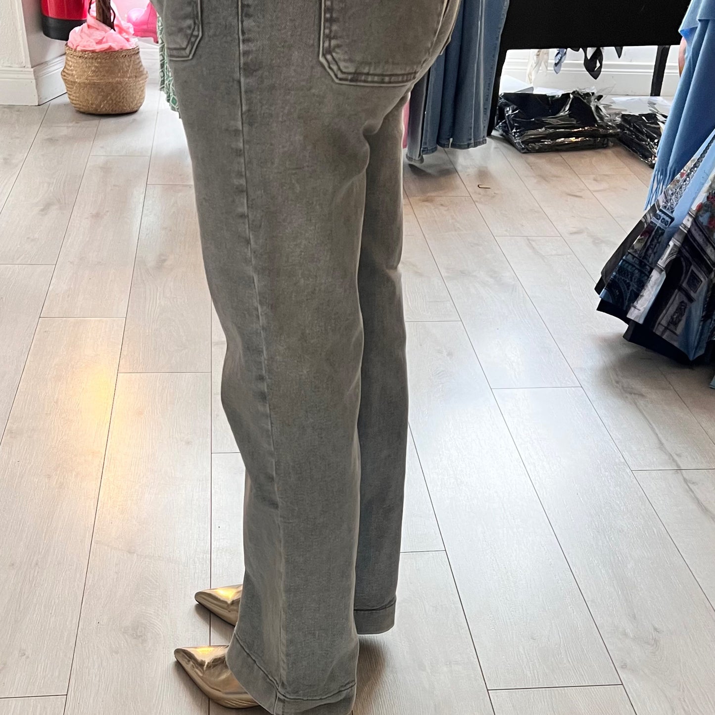 Grey Stretch Straight Leg Jeans Jewel Pocket Detail