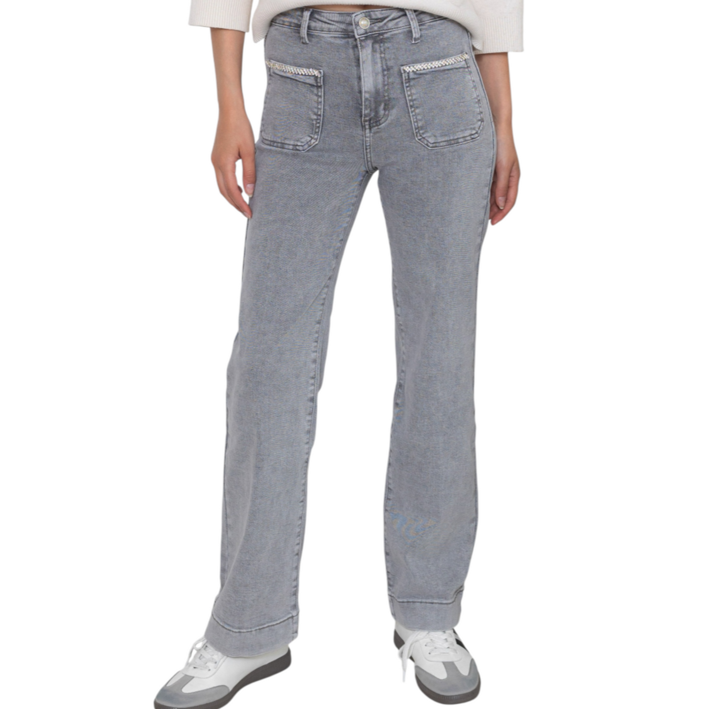 Grey Stretch Straight Leg Jeans Jewel Pocket Detail