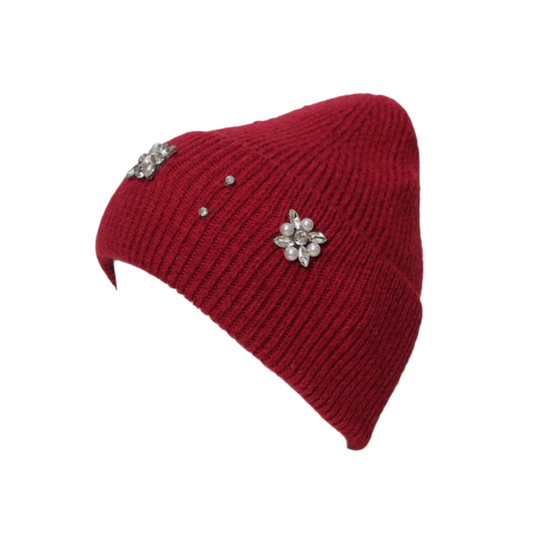 Wine Knitted Beanie Hat With Crystals