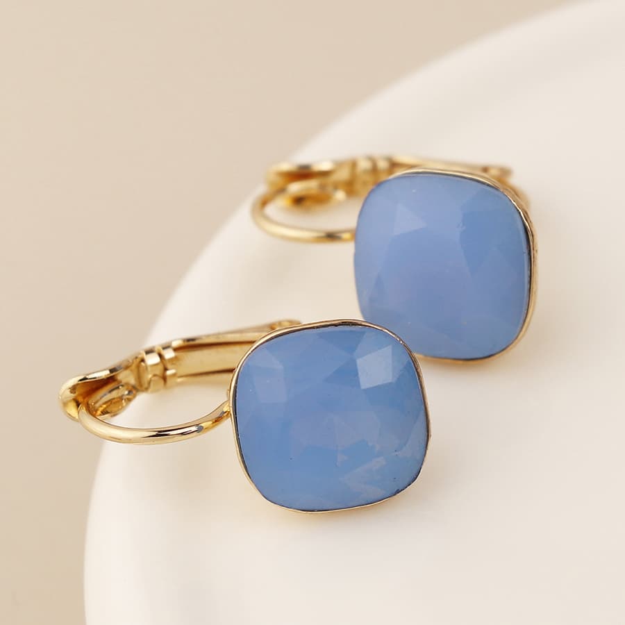POM Golden & Blue Square Crystal Drop Earrings