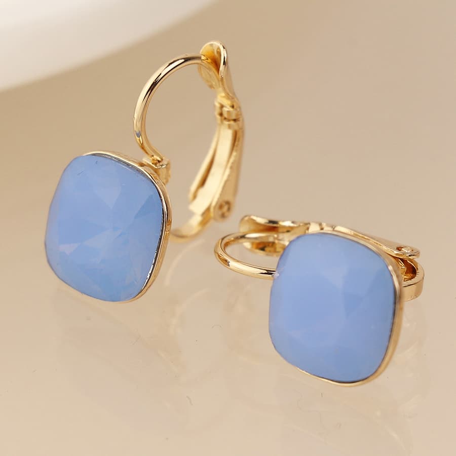 POM Golden & Blue Square Crystal Drop Earrings