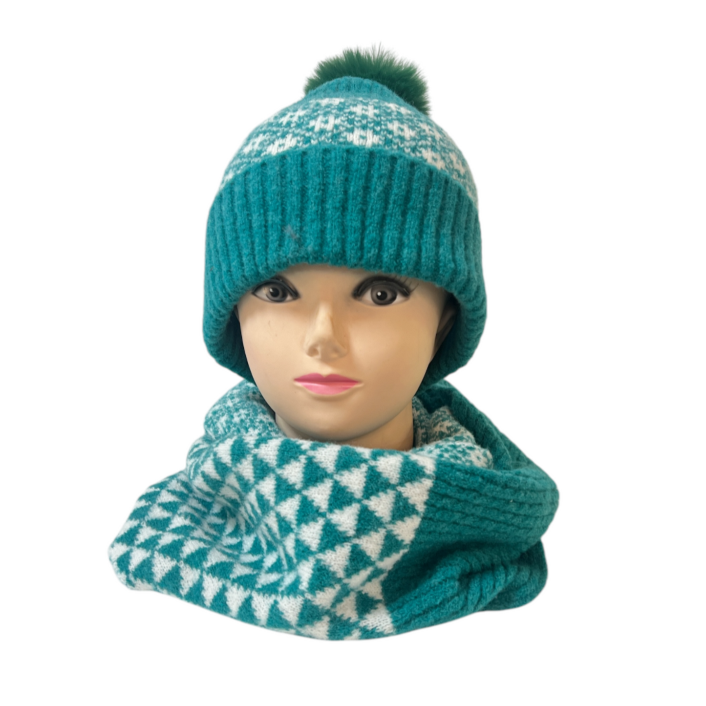 POM Teal & White Check/Geometric Scarf & Hat Gift Set