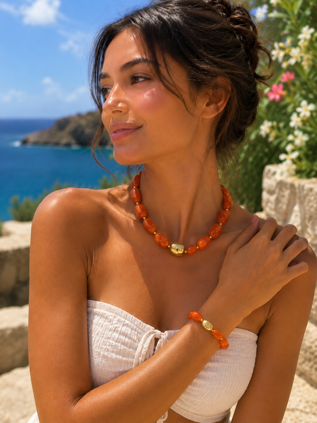 Orange Resin & Gold Stainless Steel Necklace