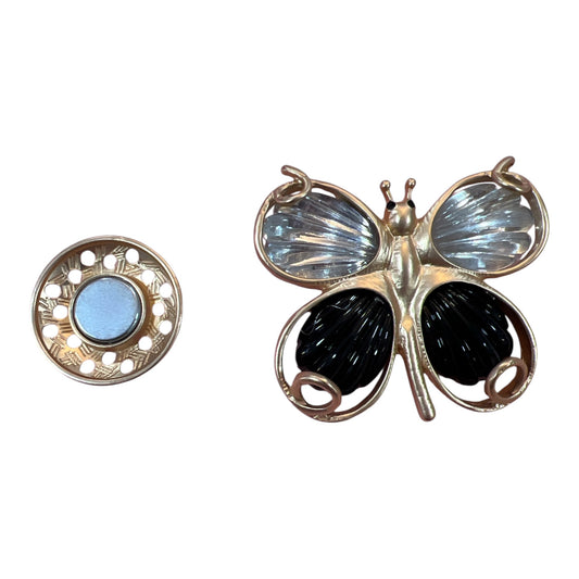 Magnetic Brooch Gold Butterfly Black & Clear Stones
