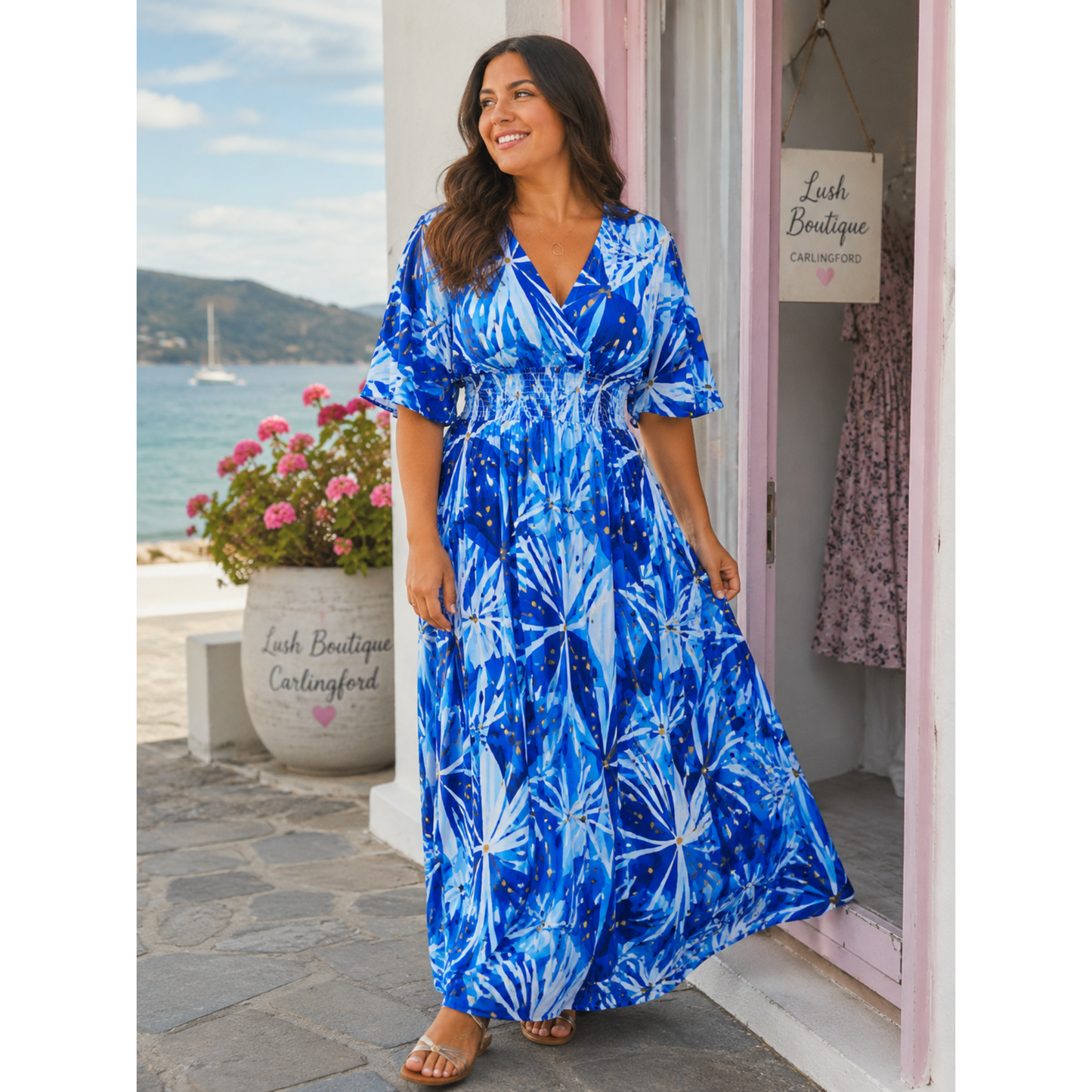Blue Lagoon Palm Print Maxi Dress One Size