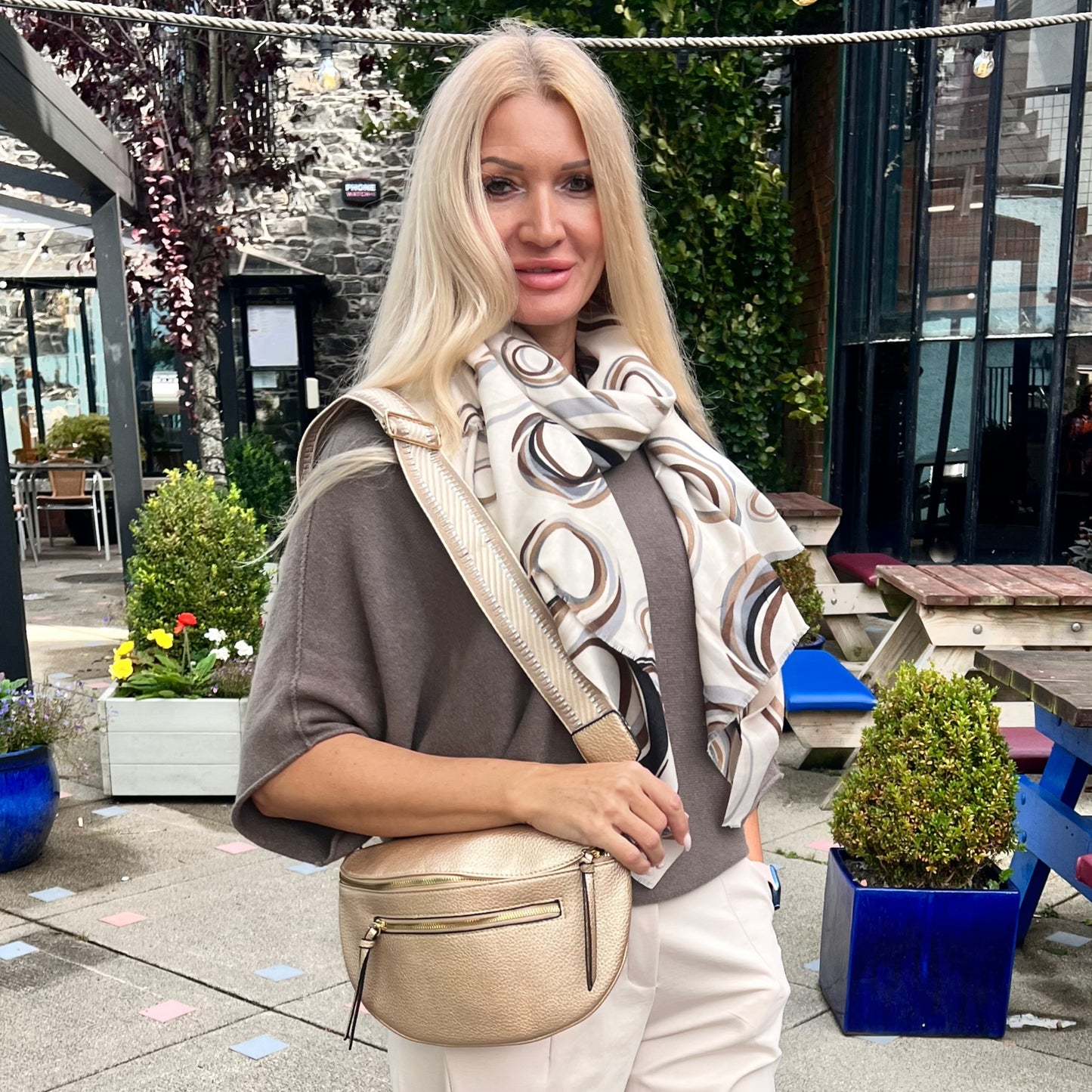 Golden Leatherette Crossbody Bag