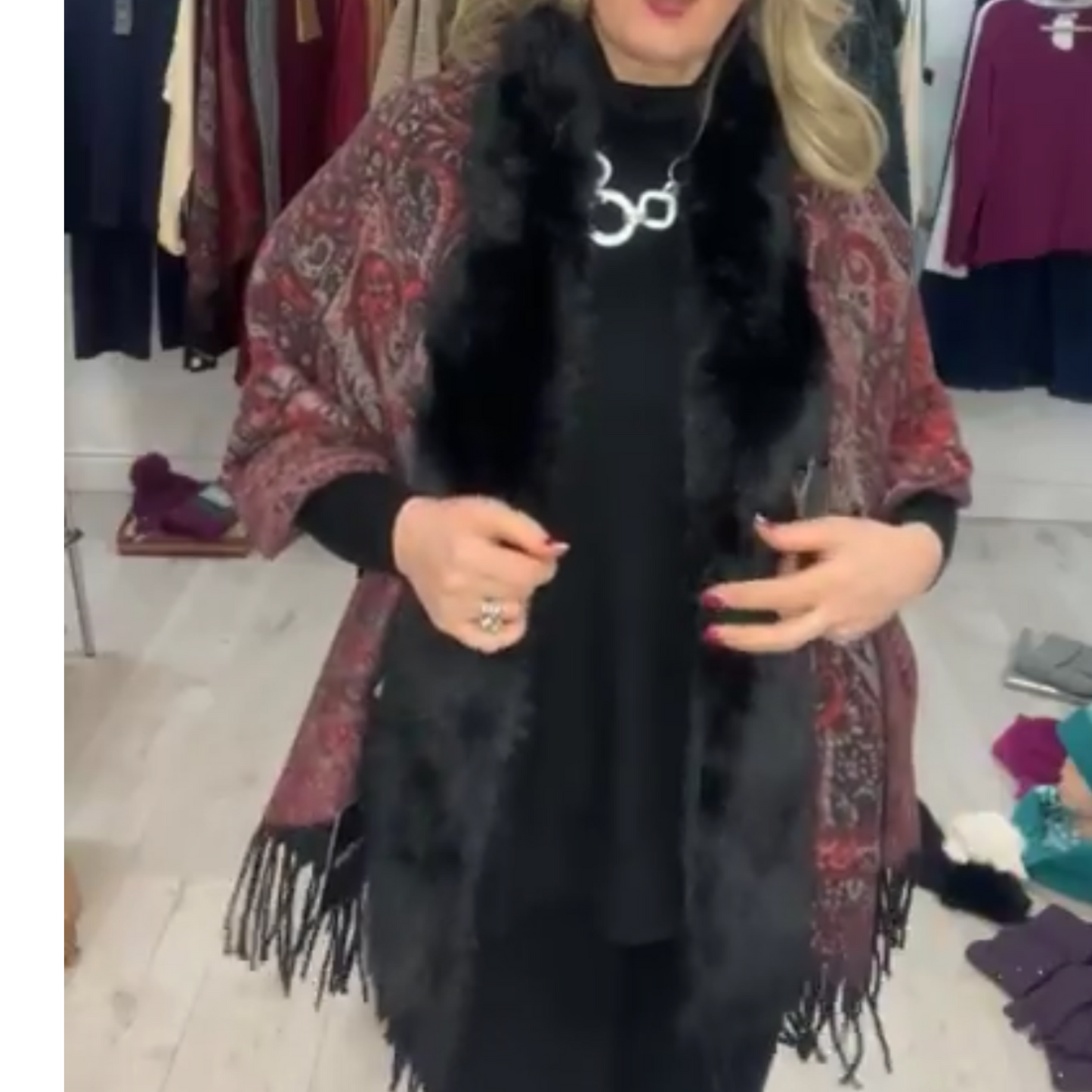 Paisley Print Faux Fur Cape Wine