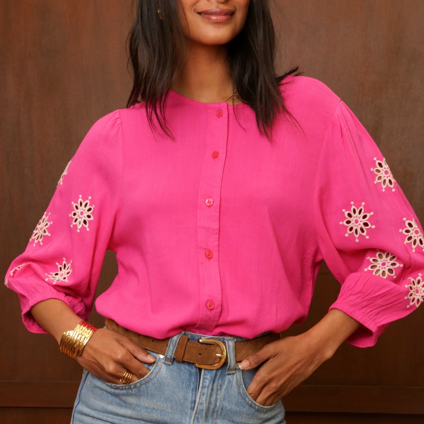Fuchsia Daisy Embroidered Blouse