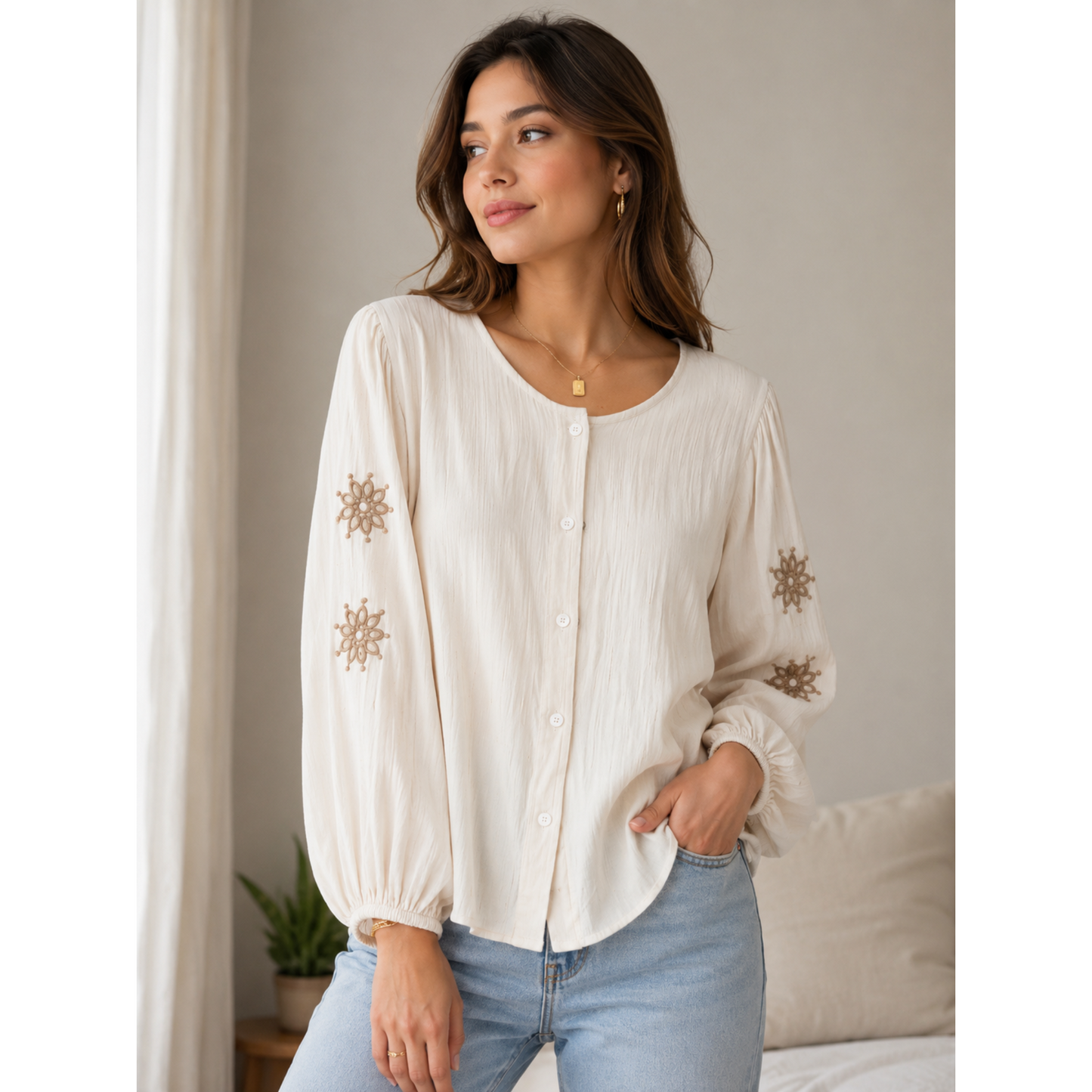 Beige Embroidery Sleeved Shirt