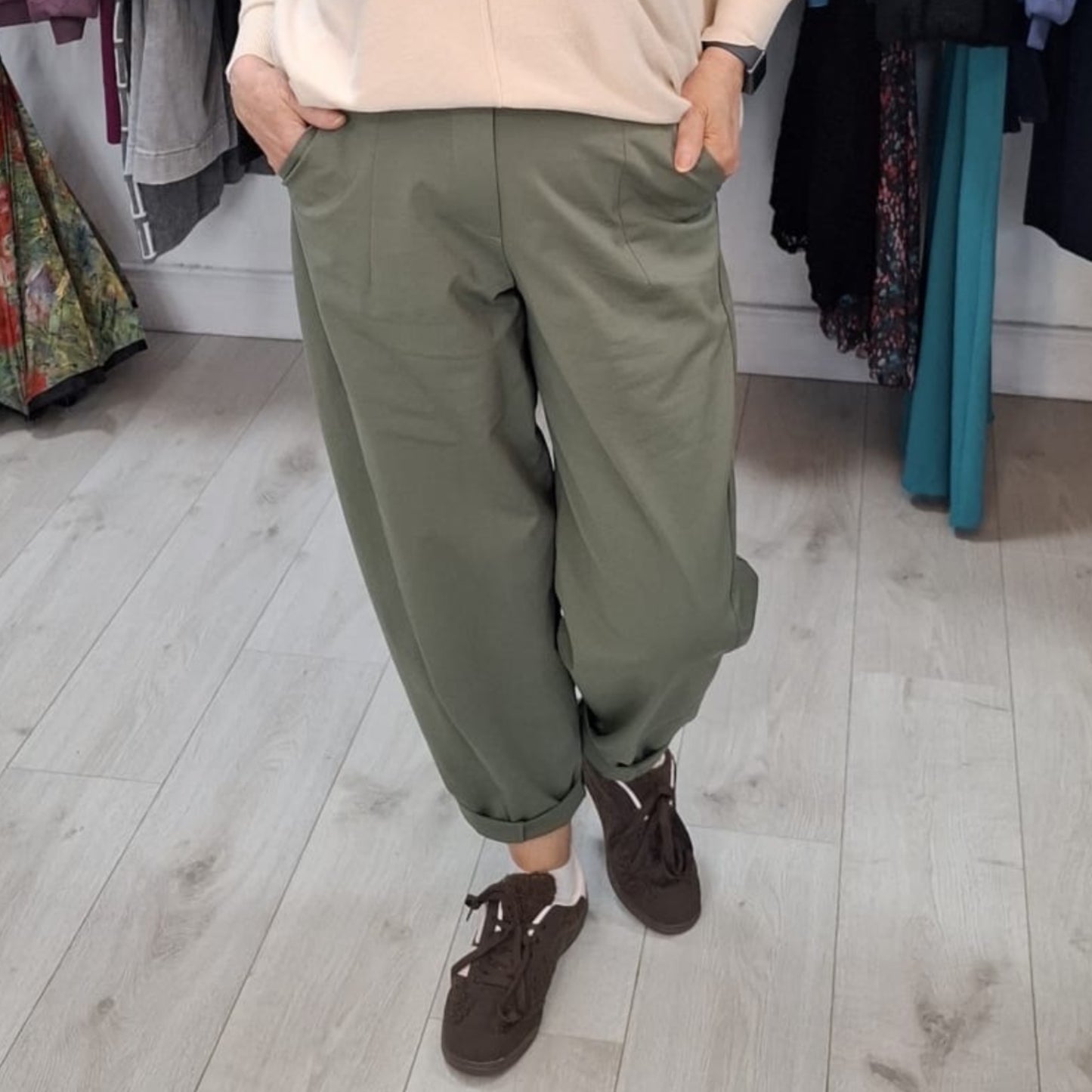 DECK Green Barrel Leg Elasticated Trousers