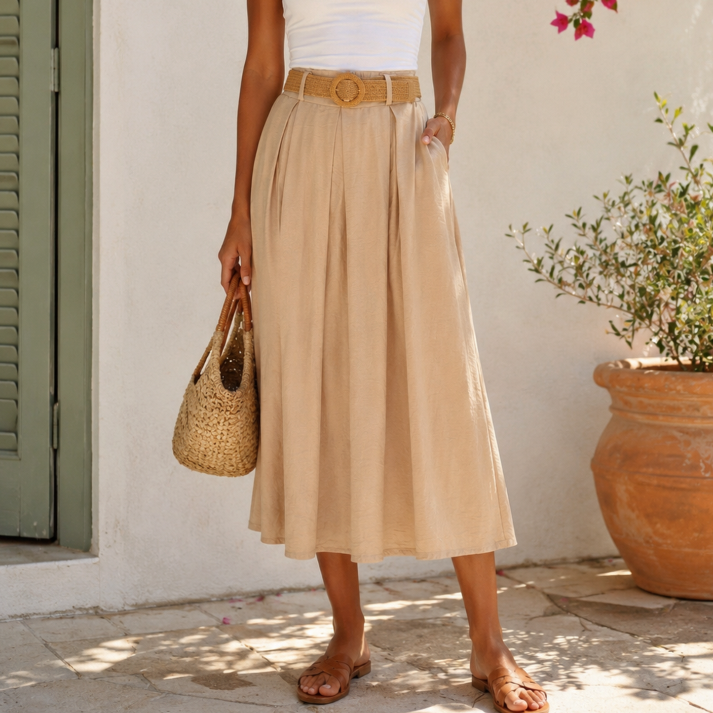 Beige Belted Midi Skirt One Size