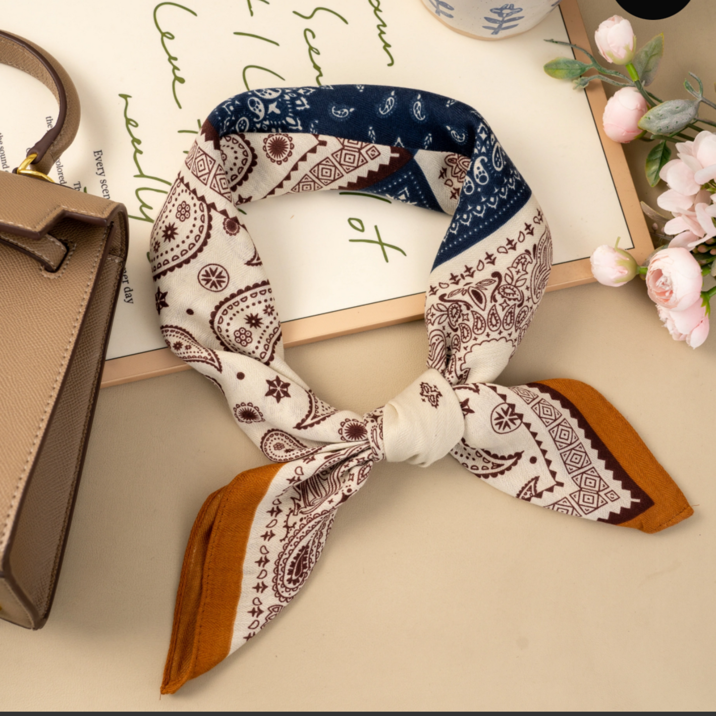 Square Neck Scarf Navy Cream Tan