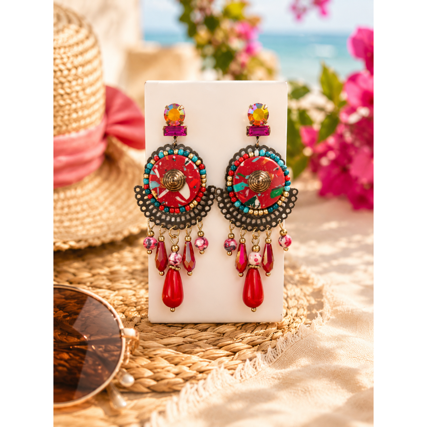 Red Boho Statement Tassel Earrings