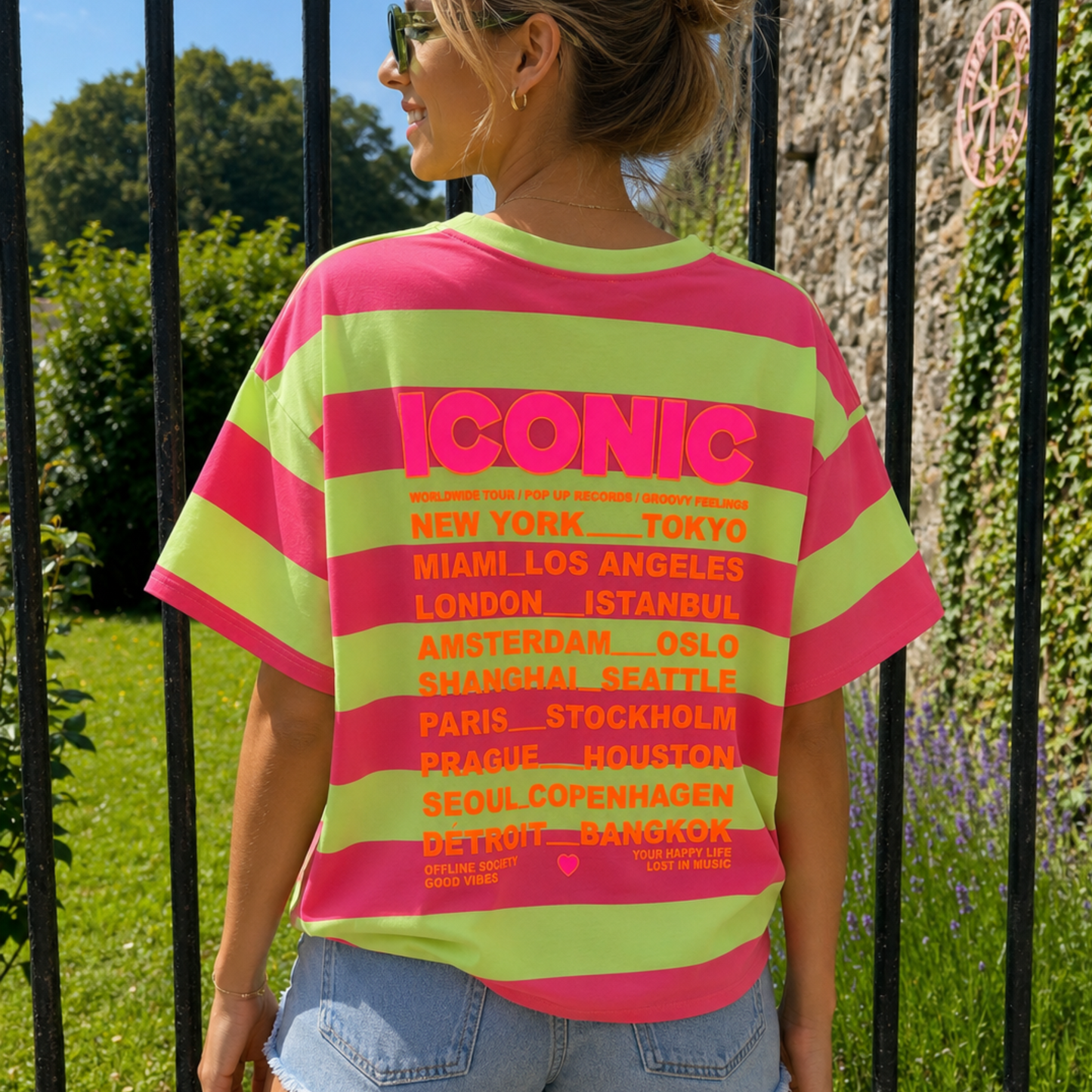 Neon Iconic Stripe Tee – Coral & Lime Statement Top